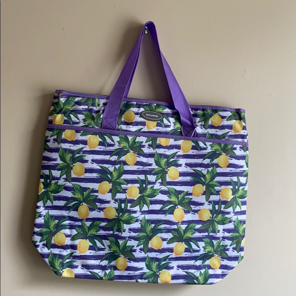Sale New 🍋 Pool Beach Insulated Tote Bag 21x18x6 purple yellow lemon 🍋
